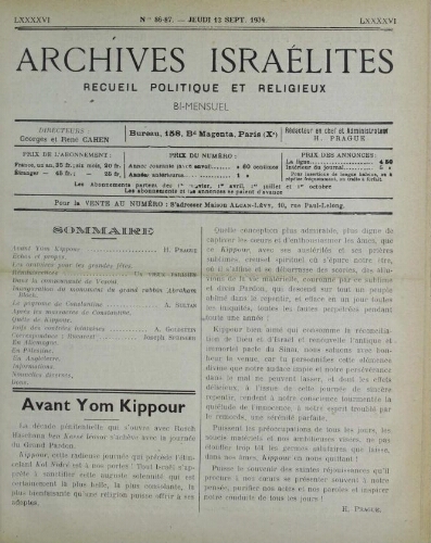 Archives israélites de France. Vol.96 N°86-87 (13 sept. 1934)